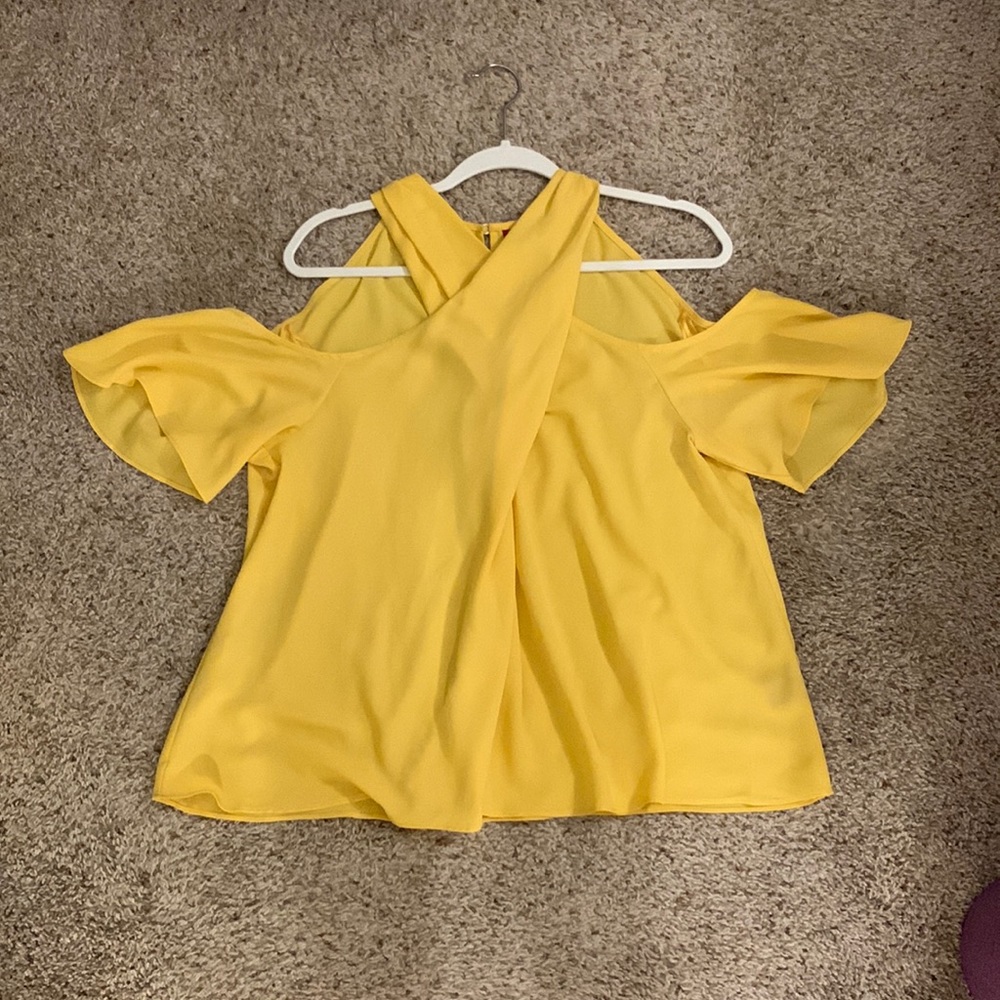 Yellow cold shoulder criss cross neck top